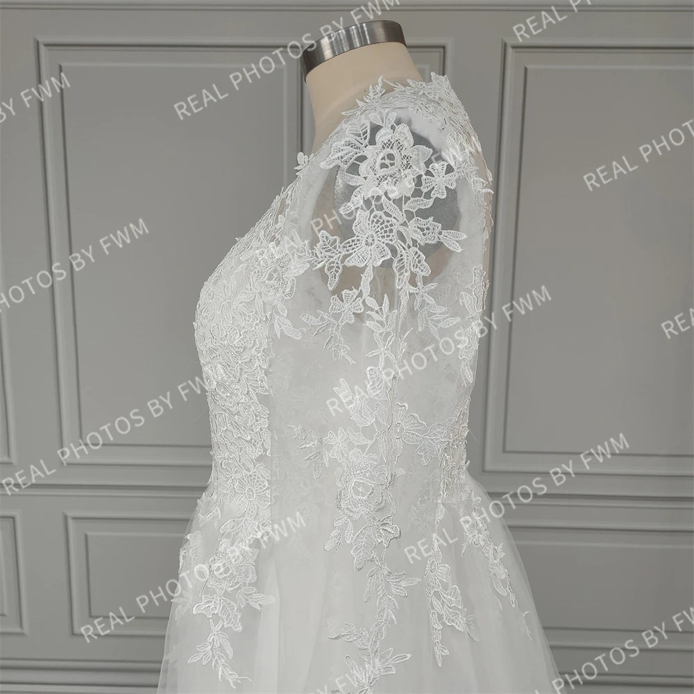 100% Real Photos Boho Boat Neck Long Sleeves Appliques Lace A-line Sweep Train Wedding Dress Illusion Back Bride Gown for Women