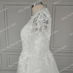 100% Real Photos Boho Boat Neck Long Sleeves Appliques Lace A-line Sweep Train Wedding Dress Illusion Back Bride Gown for Women