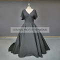 #3115 Real Photos Vintage French Style Soft Satin Wedding Bridal Dress Simple V Neck Short Sleeves Buttons Hepburn Bridal Gown