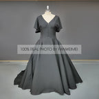 #3115 Real Photos Vintage French Style Soft Satin Wedding Bridal Dress Simple V Neck Short Sleeves Buttons Hepburn Bridal Gown