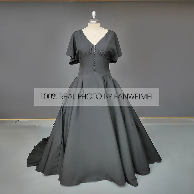 #3115 Real Photos Vintage French Style Soft Satin Wedding Bridal Dress Simple V Neck Short Sleeves Buttons Hepburn Bridal Gown
