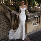11527#100% Real Photos Mermaid Illusion V-Neck Lace Applique Long Sleeve Sweep Train Wedding Dress Wedding Gown Bridal Gown