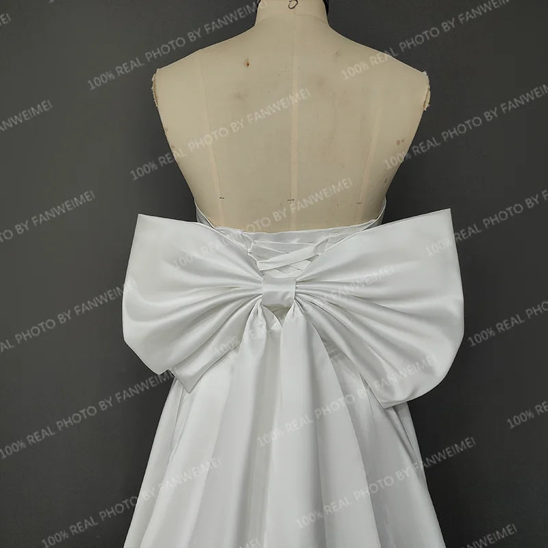 3422# Real Photos Elegant Sleeveless Backless Satin A-Line Bride Dress Satin Wedding Dress With Detachable Big Bow