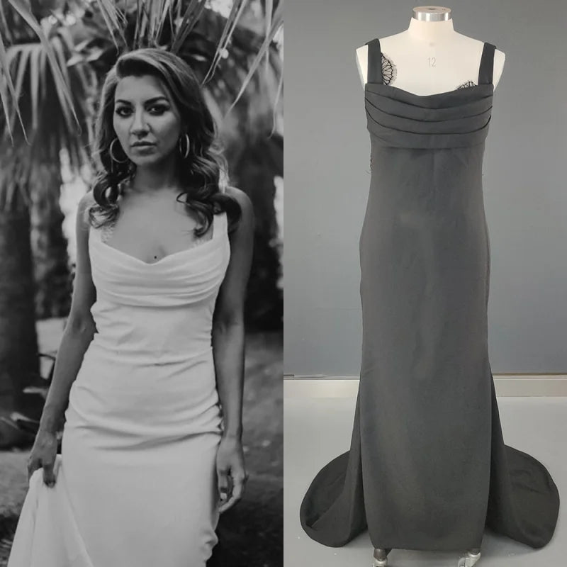 12174# Real Photos Simple Sweep Train Scoop Neck Sheath Wedding Dress Modern Lace Low Back Bridal Gown for Party