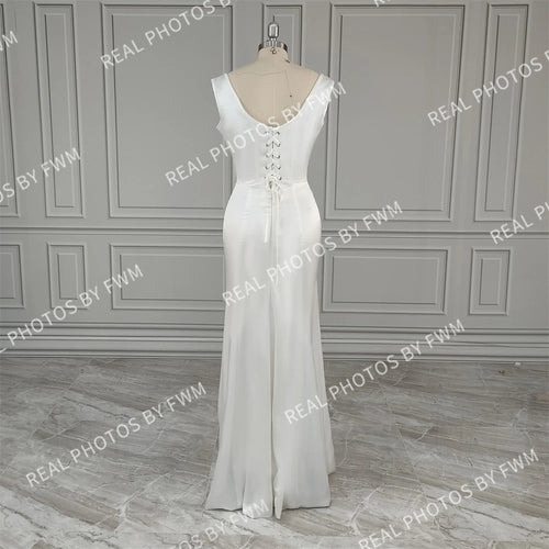 10276# Real Photos Simple Square Collar Satin Mermaid Wedding Dress Backless Lace up Bride Gown for Women Evening Dress