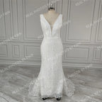 Real Photos V-neck Appliques Sequined Lace Mermaid Wedding Dress Elegant Backless Bride Gown for Women Vestidos De Novia