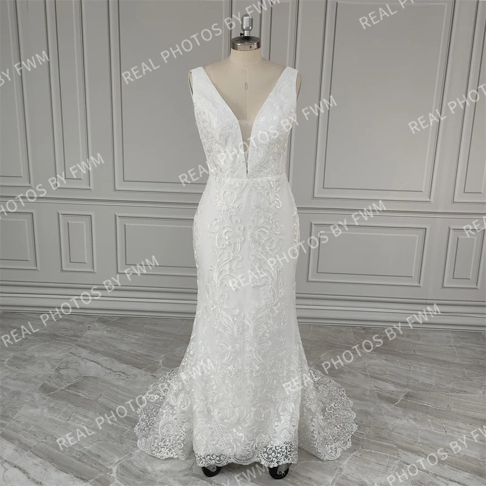 Real Photos V-neck Appliques Sequined Lace Mermaid Wedding Dress Elegant Backless Bride Gown for Women Vestidos De Novia