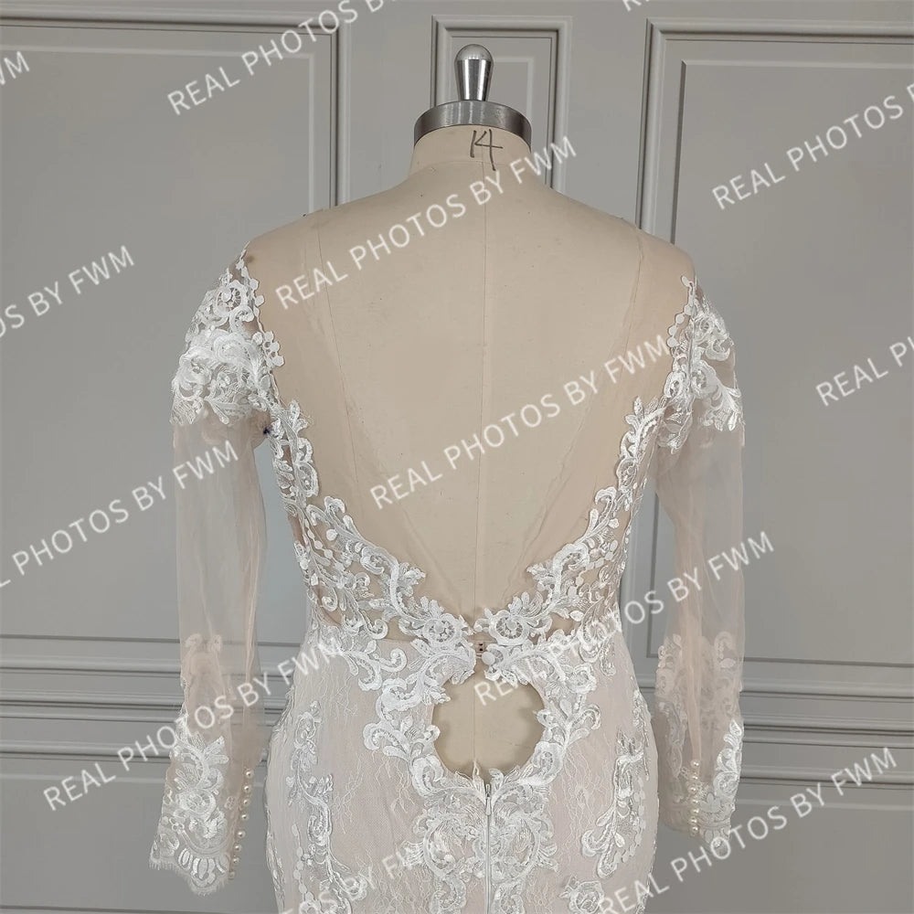 15883# Real Photos Long Sleeves Appliques Lace Mermaid Wedding Dress Sweep Train Backless Bride Gown for Women Vestidos De Novia