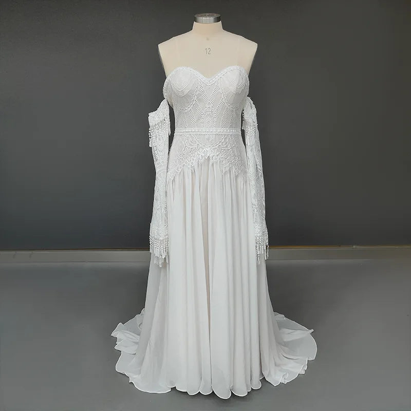 Real Photos Bohemian Low Back Lace Flare Sleeves Sweetheart Strapless Tassel Chiffon Wedding Dress Bridal Gown for Wedding