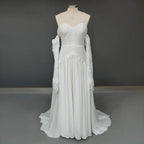 Real Photos Bohemian Low Back Lace Flare Sleeves Sweetheart Strapless Tassel Chiffon Wedding Dress Bridal Gown for Wedding