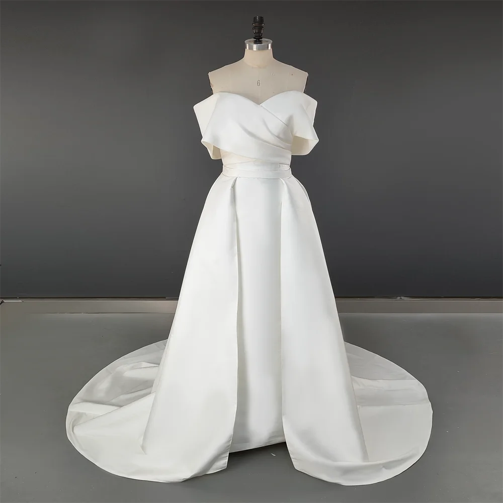 10139# Real Photos High Quality Off Shoulder V Neck Mikado Mermaid Wedding Dress for Women Bride Gown With Detachable Train