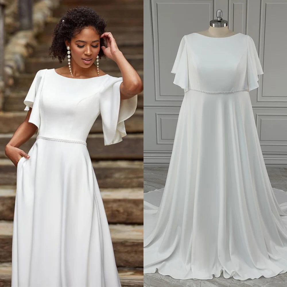 10195# Real Photos Simple Boat Neck Ruffles Sleeves A-line Wedding Dress Sweep Train Bridal Gown for Women Vestido De Novia