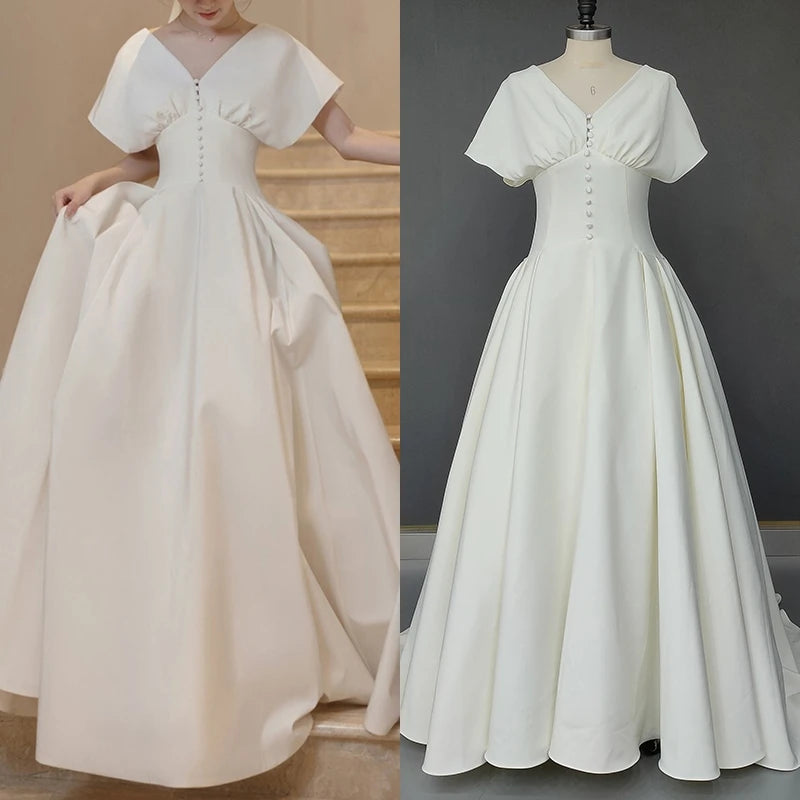 #3115 Real Photos Vintage French Style Soft Satin Wedding Bridal Dress Simple V Neck Short Sleeves Buttons Hepburn Bridal Gown