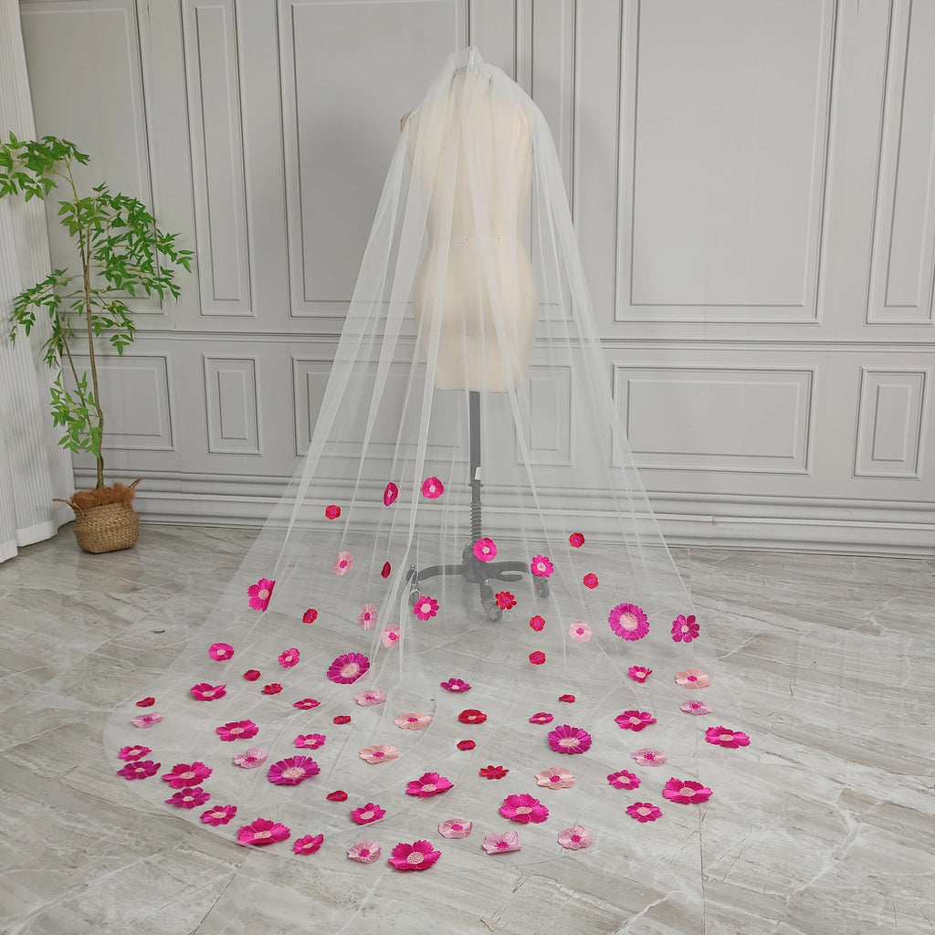 Real Photos High Quality One Layer Pink Appliques Flowers Lace Bridal Veil 220CM Long Wedding Veil Accessories for Wedding