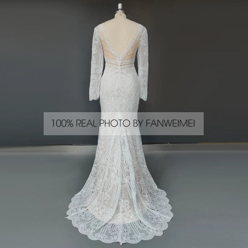 Real Photos Boho V-Neck Long Sleeve Mermaid Appliques Lace Wedding Dress Woman Backless Sweep Train Bridal Gown for Wedding