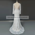 Real Photos Boho V-Neck Long Sleeve Mermaid Appliques Lace Wedding Dress Woman Backless Sweep Train Bridal Gown for Wedding