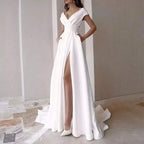 8183#Real Photos Sleeveless Sexy V-Neck Open Back Sheath A-Line Satin Side Pocket Sweep Train Wedding Dress Wedding Bridal Gown