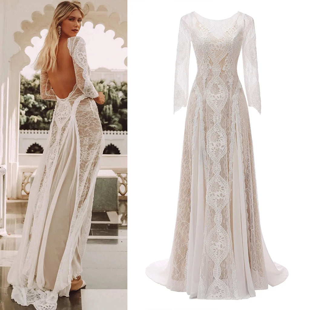830#  Real Photos Bohomia Beach Sheath Appliques O-neck Sweep Train Wedding Dress for Engagement Bridal Gown Evening Dress