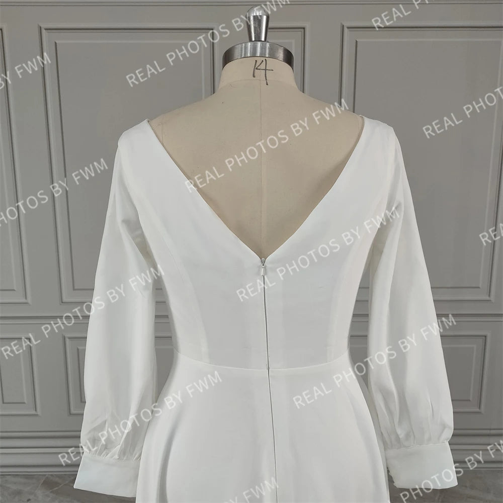 100%  Real Photos Simple Long Sleeves Boat Neck A-line Chiffon Wedding Dress Low Back Bride Gown for Women Vestido De Novia