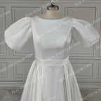 100% Real Photos Elegant Short Puffy Sleeves O-Neck Satin A-line Wedding Dress With Pockets Sweep Train Bride Gown for Women