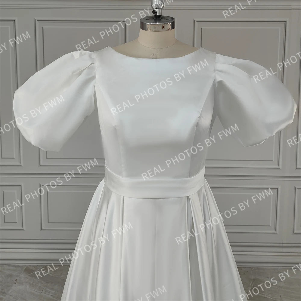 100% Real Photos Elegant Short Puffy Sleeves O-Neck Satin A-line Wedding Dress With Pockets Sweep Train Bride Gown for Women