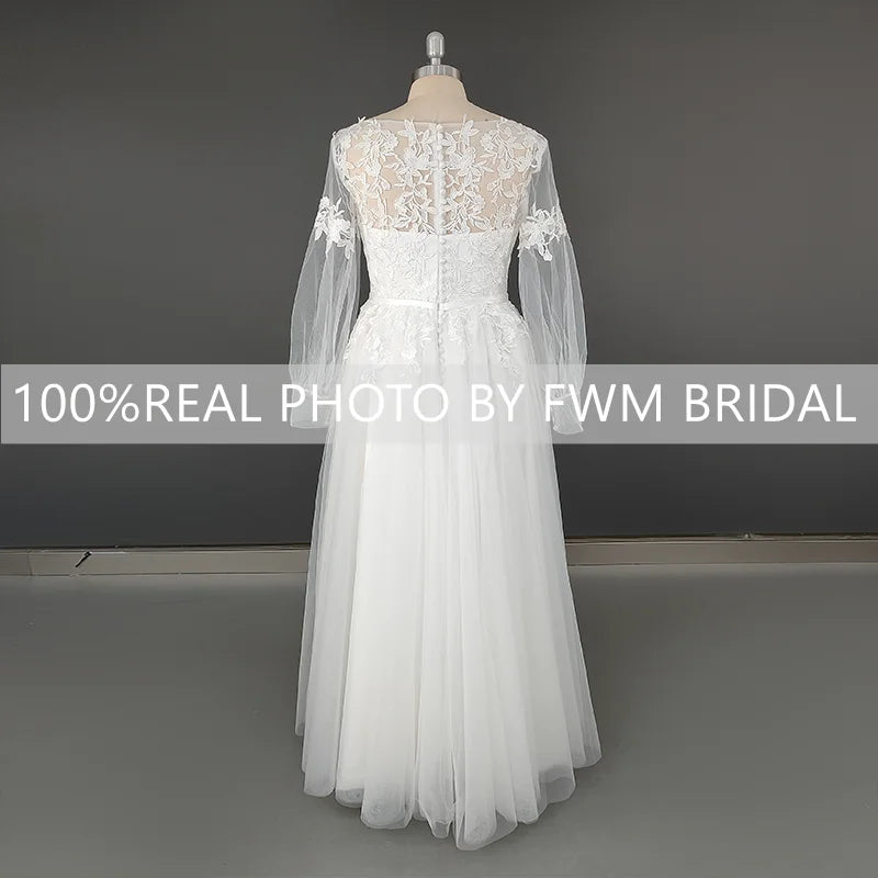 10384# 100% Real Photos Custom Size Long Puffy Sleeves A-line Wedding Dress Elegant Illusion Appliques Lace Bridal Gown