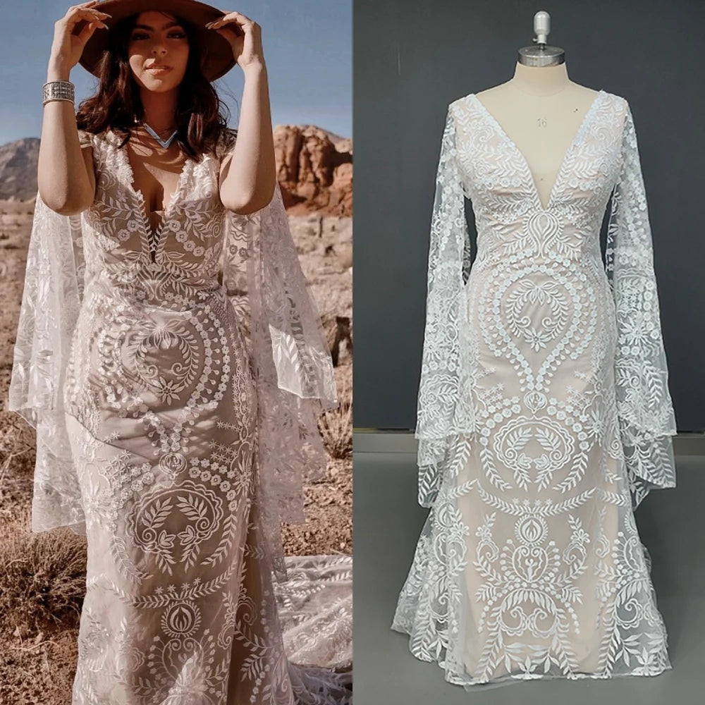 Real Photos High Quality Bohemian Flare Sleeves V-Neck Open Back Lace Wedding Dress Elegant Women Bride Dress for Wedding