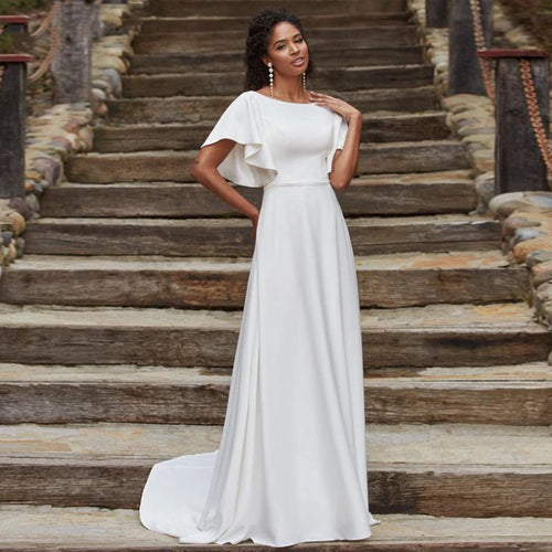 10195# Real Photos Simple Boat Neck Ruffles Sleeves A-line Wedding Dress Sweep Train Bridal Gown for Women Vestido De Novia