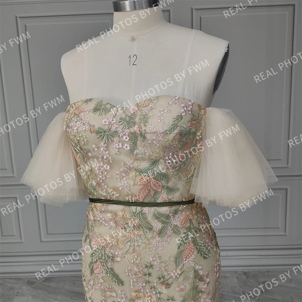 15205# Real Photos Off Shoulder Flowers Sweep Train Tulle Mermaid Wedding Gown Birthday Party Dress for Women Prom Evening Dress