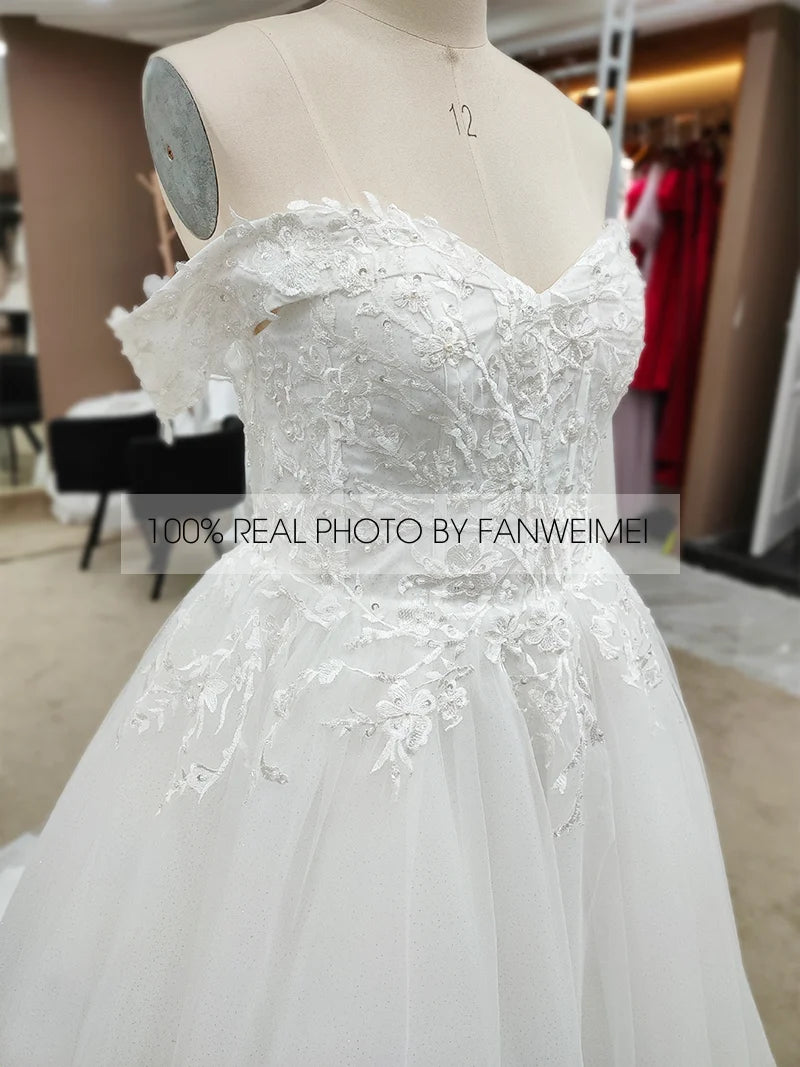 9177#Real Photos Strapless Off-Shoulder Sweetheart Short Sleeve Backless Lace Applique  Bride Gown Wedding Dress Elegant