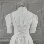 Real Photos Classic Short Sleeves High Neck Satin A-line Wedding Dress Sweep Train Bride Gown for Women Vestido De Novia