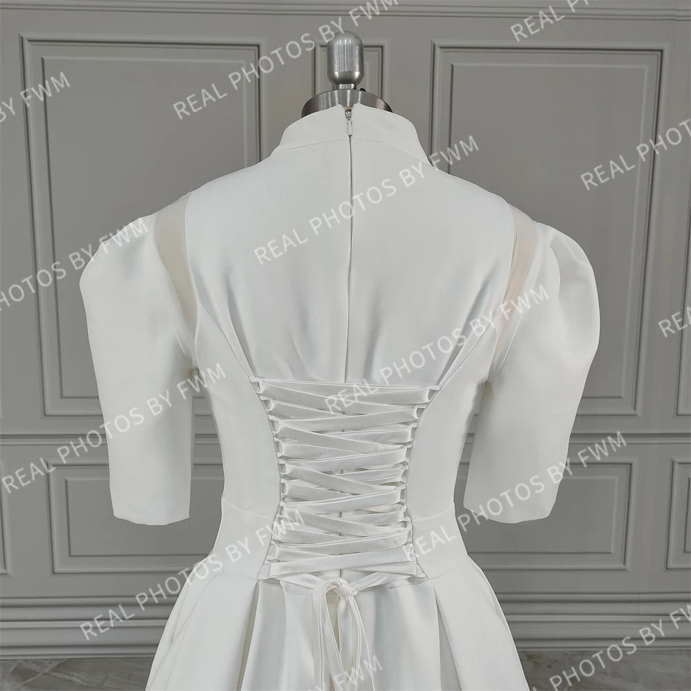Real Photos Classic Short Sleeves High Neck Satin A-line Wedding Dress Sweep Train Bride Gown for Women Vestido De Novia