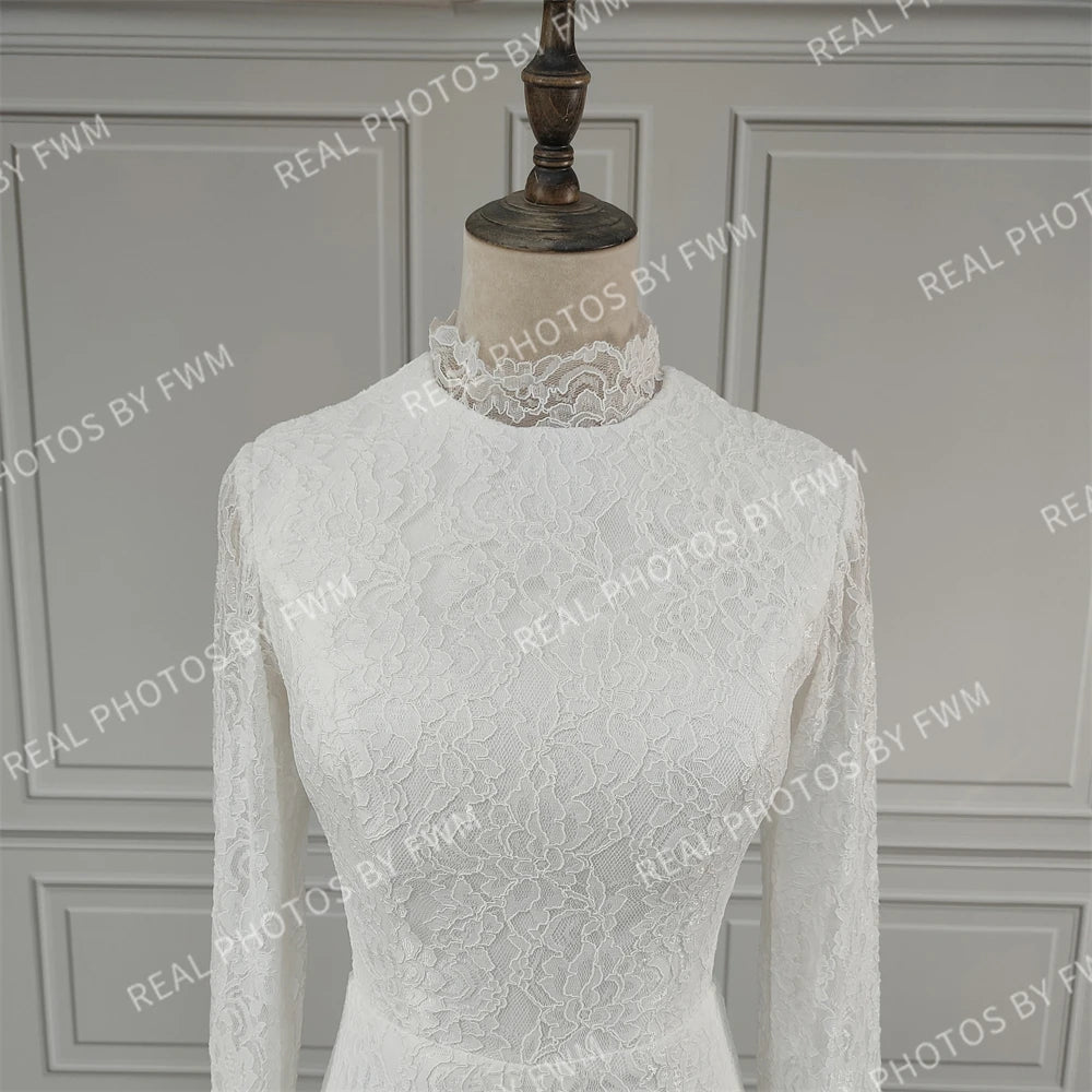11449# Real Photos High Quality Boho Long Flare Sleeves Front Slit Mermaid Lace Wedding Dress for Women Bride Gown