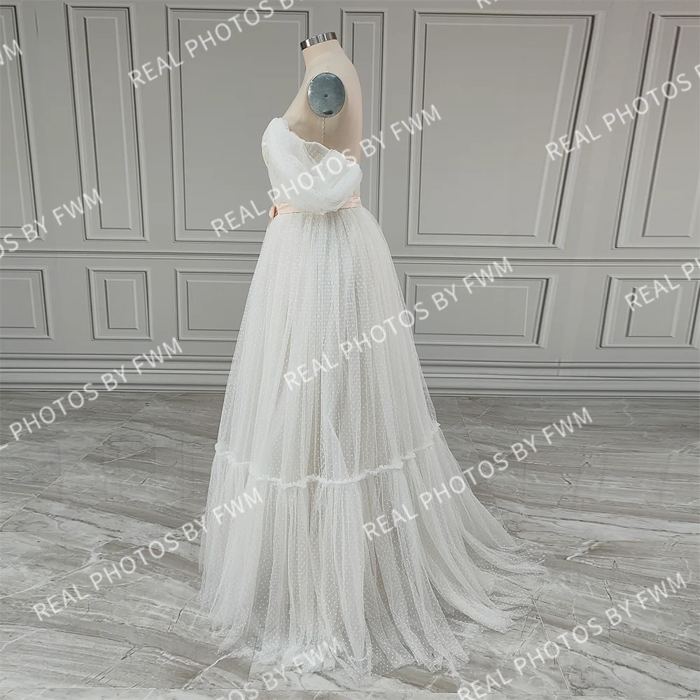 Real Photos Boho Off Shoulder Pleat Dots Lace Wedding Dress Low Back Tulle A-line Bride Gown for Women Elegant Bridal Dress