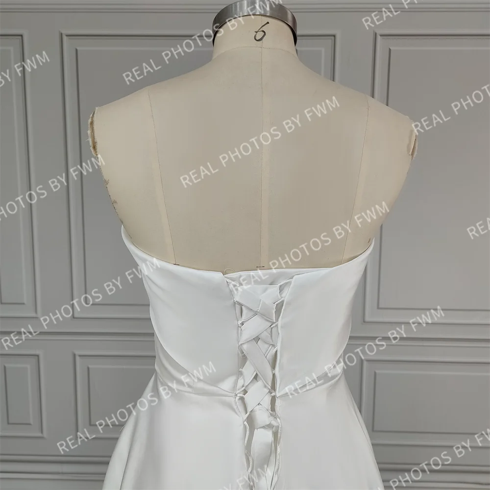 100% Real Photos Simple Sleeveless Strapless Satin Long Train A-line Wedding Dress Bridal Evening Prom Dress for Plus Size Women