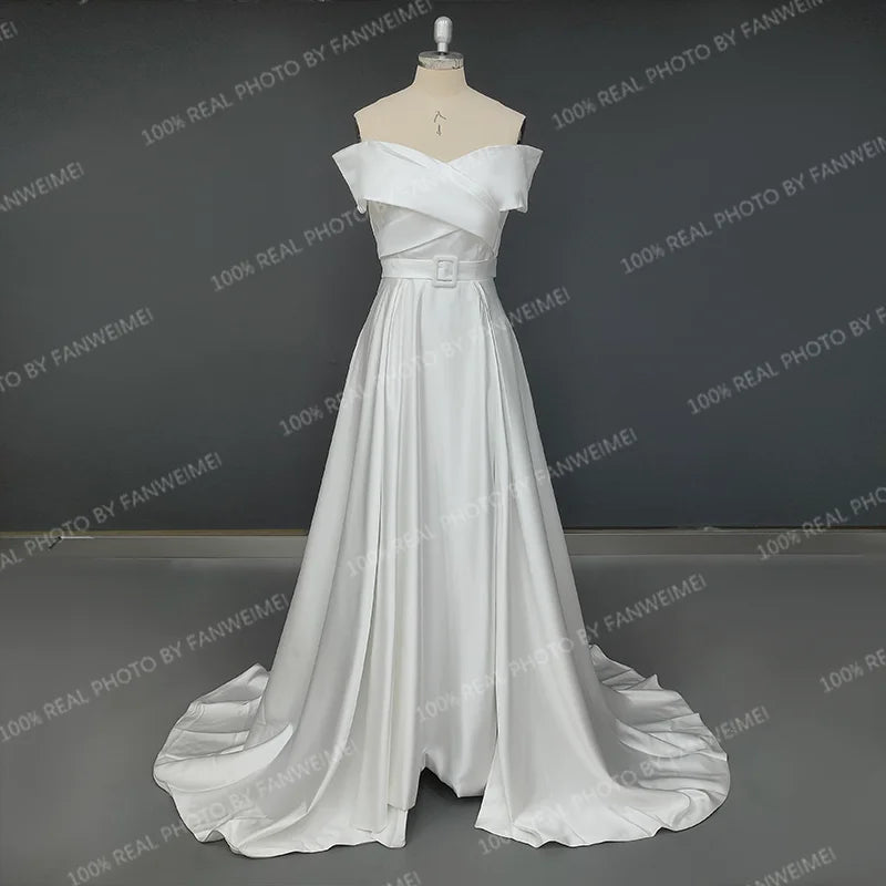 Real Photos Simle Classic Off Shoulder A-line Satin Wedding Dress Side Slit Bridal Gown Sweep Train Bride Dress for Wedding