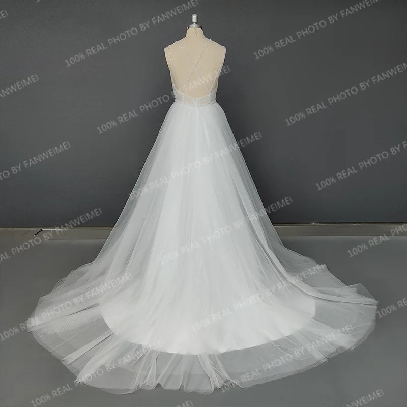 Real Photos Simple Beading Spaghetti Straps Lace Wedding Dress Boho Tulle A-Line Backless V-Neck Bridal Gown for Women