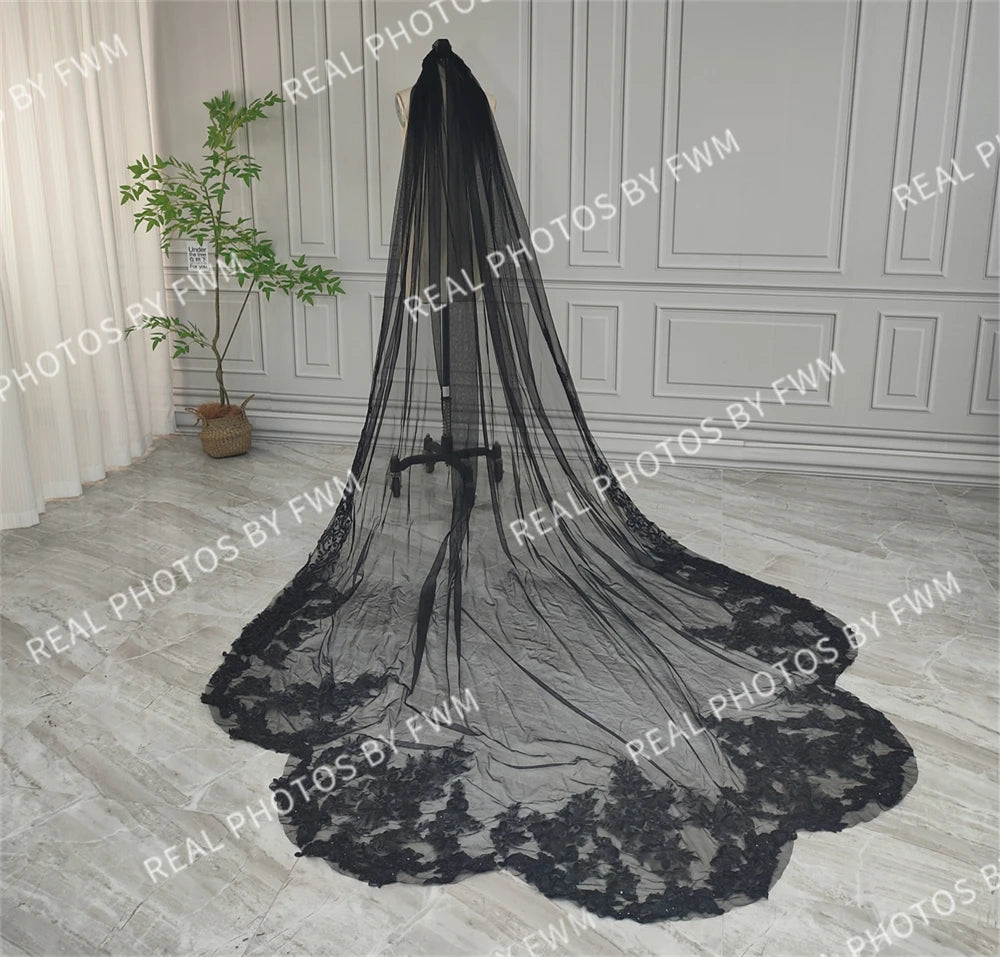 Real Photos High Quality One Layer Black Appliques Sequined Lace Bridal Veil 300CM Long Wedding Veil Accessories for Wedding