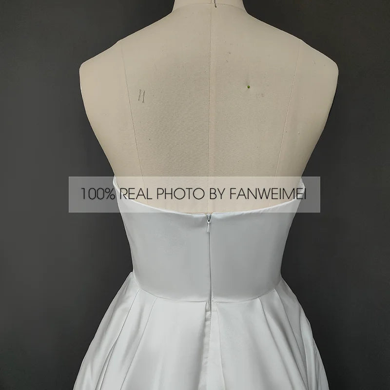 Real Photos Gorgeous Strapless Sleeveless A-Line Simple Sweep Train Satin Wedding Dress Side Slit Bridal Gown for Women