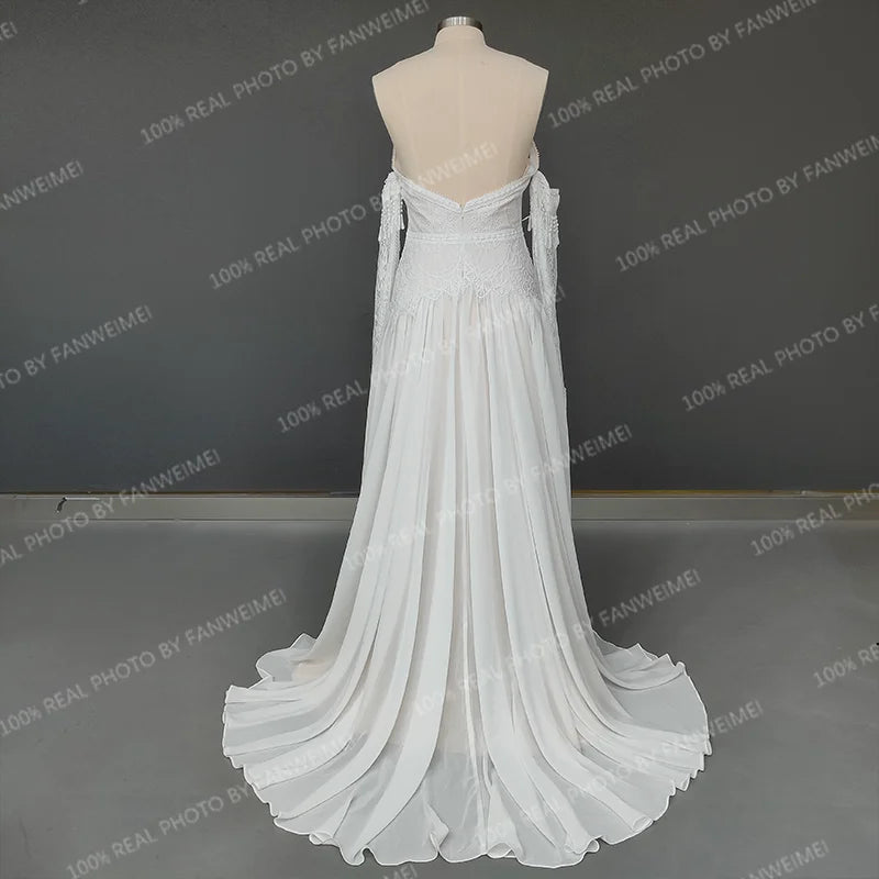Real Photos Bohemian Low Back Lace Flare Sleeves Sweetheart Strapless Tassel Chiffon Wedding Dress Bridal Gown for Wedding