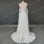 Real Photos Bohemian Low Back Lace Flare Sleeves Sweetheart Strapless Tassel Chiffon Wedding Dress Bridal Gown for Wedding