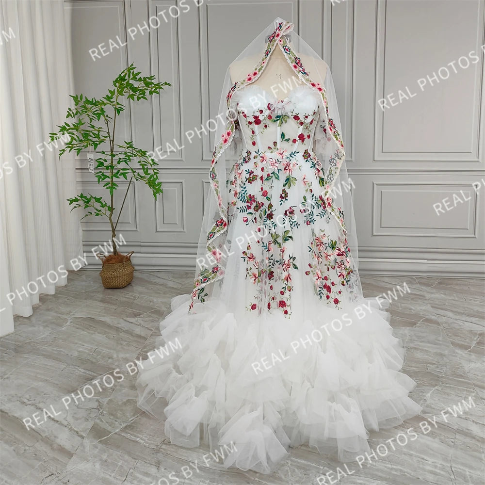 Real Photos Unique Off Shoulder Flower Appliques Lace Ruffles Tulle A-line Wedding Dress With Veil Bride Gown for Women 12970
