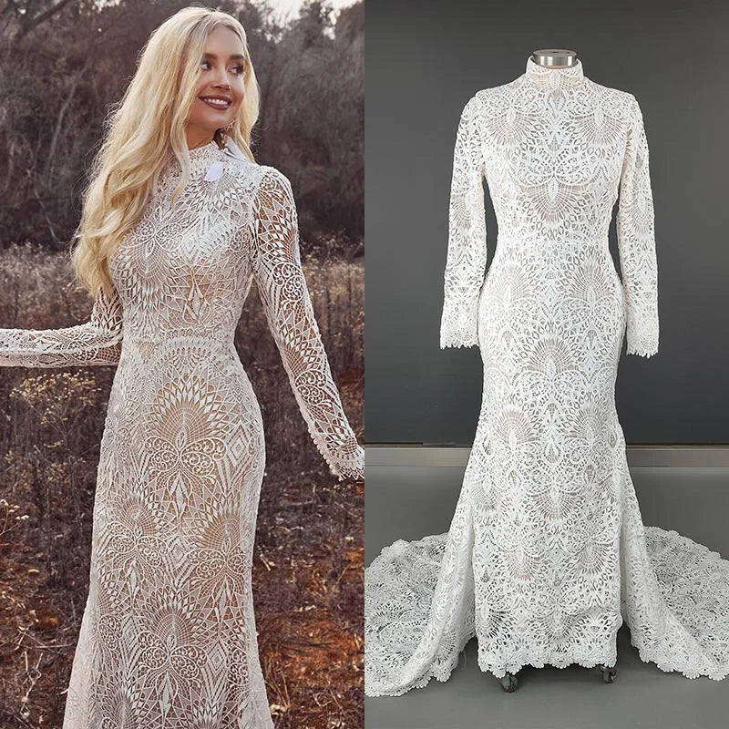 11797# Real Photos Exquisite High Neck Long Sleeves Mermaid Wedding Dress Bridal Gown for Women With Appliques Lace Bohemia