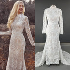 11797# Real Photos Exquisite High Neck Long Sleeves Mermaid Wedding Dress Bridal Gown for Women With Appliques Lace Bohemia