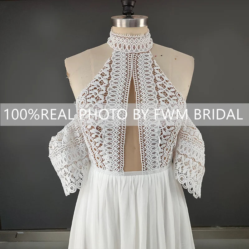 4044# Real Photos Off Shoulder Beach Sweep Train Bohemia Wedding Dress Halter Neck Appliques Backless Soft Chiffon Bridal Gown