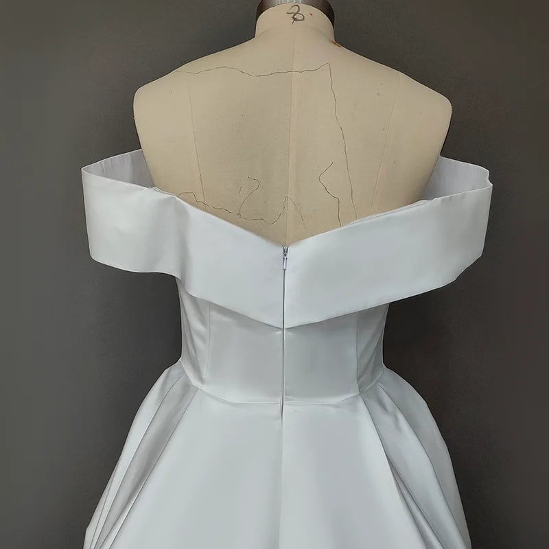 11530#Real Photos Ivory Strapless A-Line Off-Shoulder Open Back V-Neck Satin Lace Wedding Dress Wedding Gown Bridal Gown