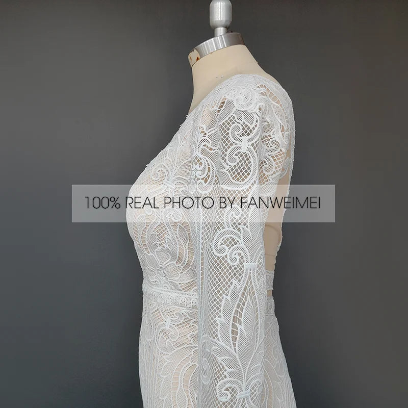 Real Photos Boho V-Neck Long Sleeve Mermaid Appliques Lace Wedding Dress Woman Backless Sweep Train Bridal Gown for Wedding