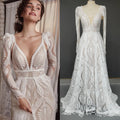 8259#Real Photos Spaghetti Strap Lace Bohemian Deep V-Neck Open Back Illusion Wedding Dress Wedding Bridal Gown