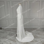 Real Photos Sexy Beading High Side Slit  Satin Wedding Dress Bridal Gown for Women With Detachable Sleeves