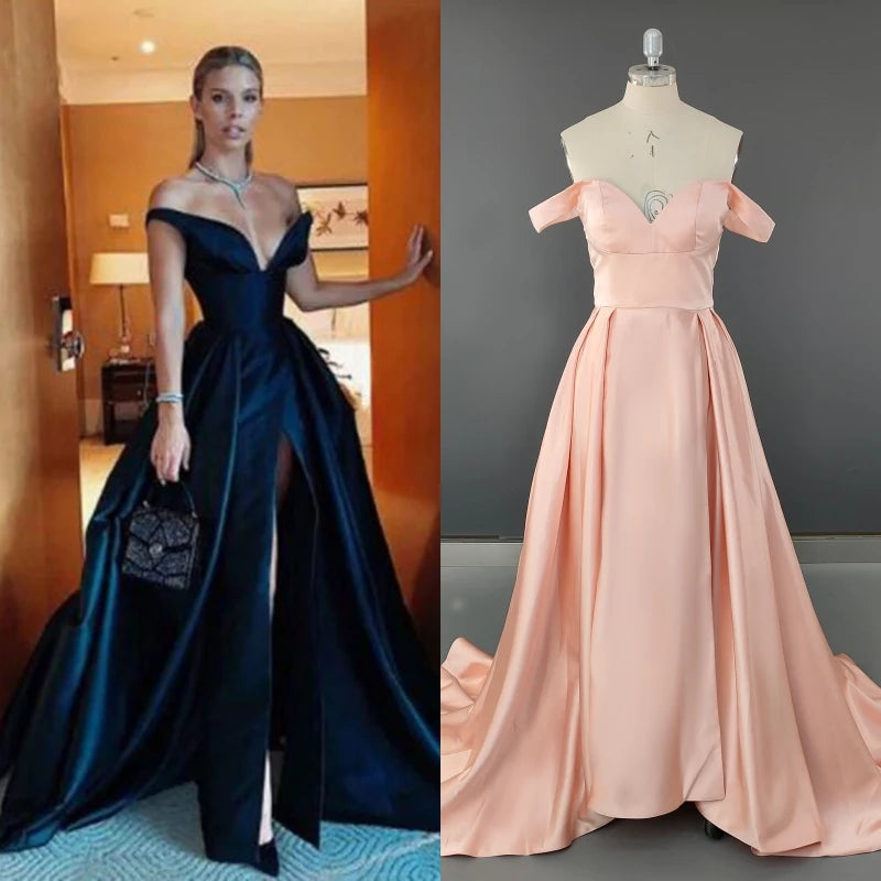15331# Real Photos Simple Off Shoulder Satin A-line Engagement Wedding Gown Birthday Party Dress Women Prom Evening Dresses